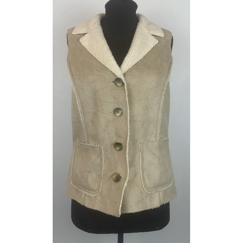 LL BEAN Vintage Faux Suede Shearling Lined Vest Tan Beige Button Up Sz Petite XS